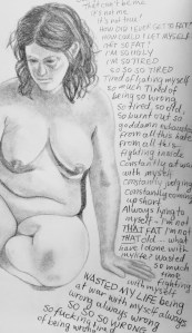 sketch of nude woman with writing about dissatisfaction with herself and her body
