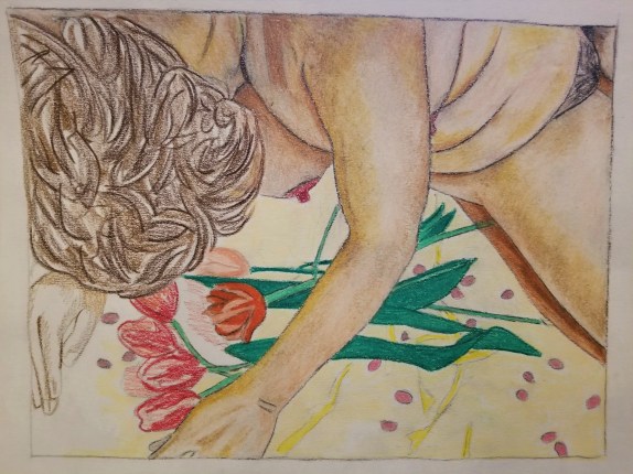 drawing of nude woman leaning over flowers